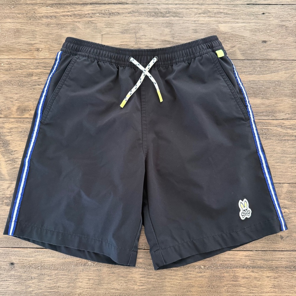 Psycho Bunny Boys Black Striped Swim Trunks Board Shorts Size 10/12 Logo